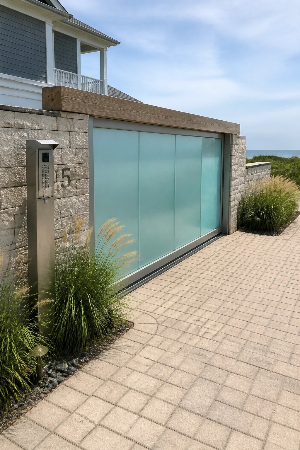 A long frosted glass sliding gate set into a stone wall with a wooden cap, next to a house and a paved driveway.