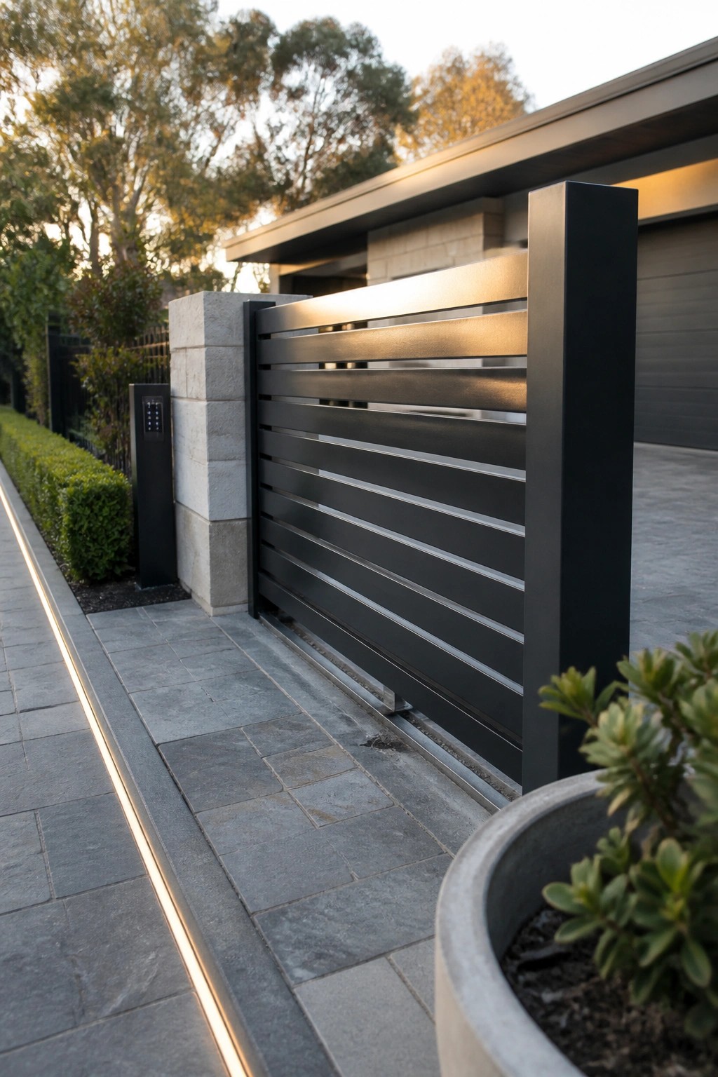 A dark horizontal slat sliding gate installed beside a stone pillar along a paved driveway with ground lighting.