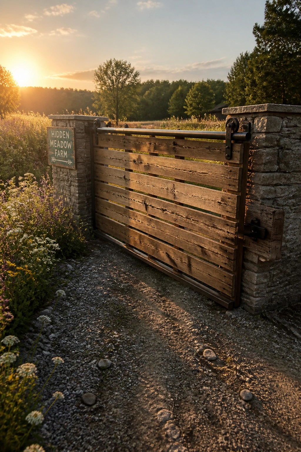 A wooden sliding gate with horizontal slats set between stone pillars on a gravel driveway.