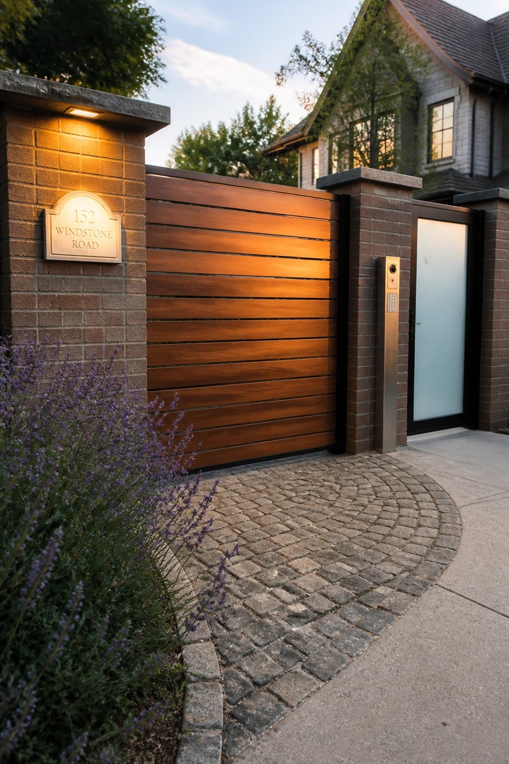 Illuminated wooden horizontal gate in brick wall with address plaque and cobblestone drive