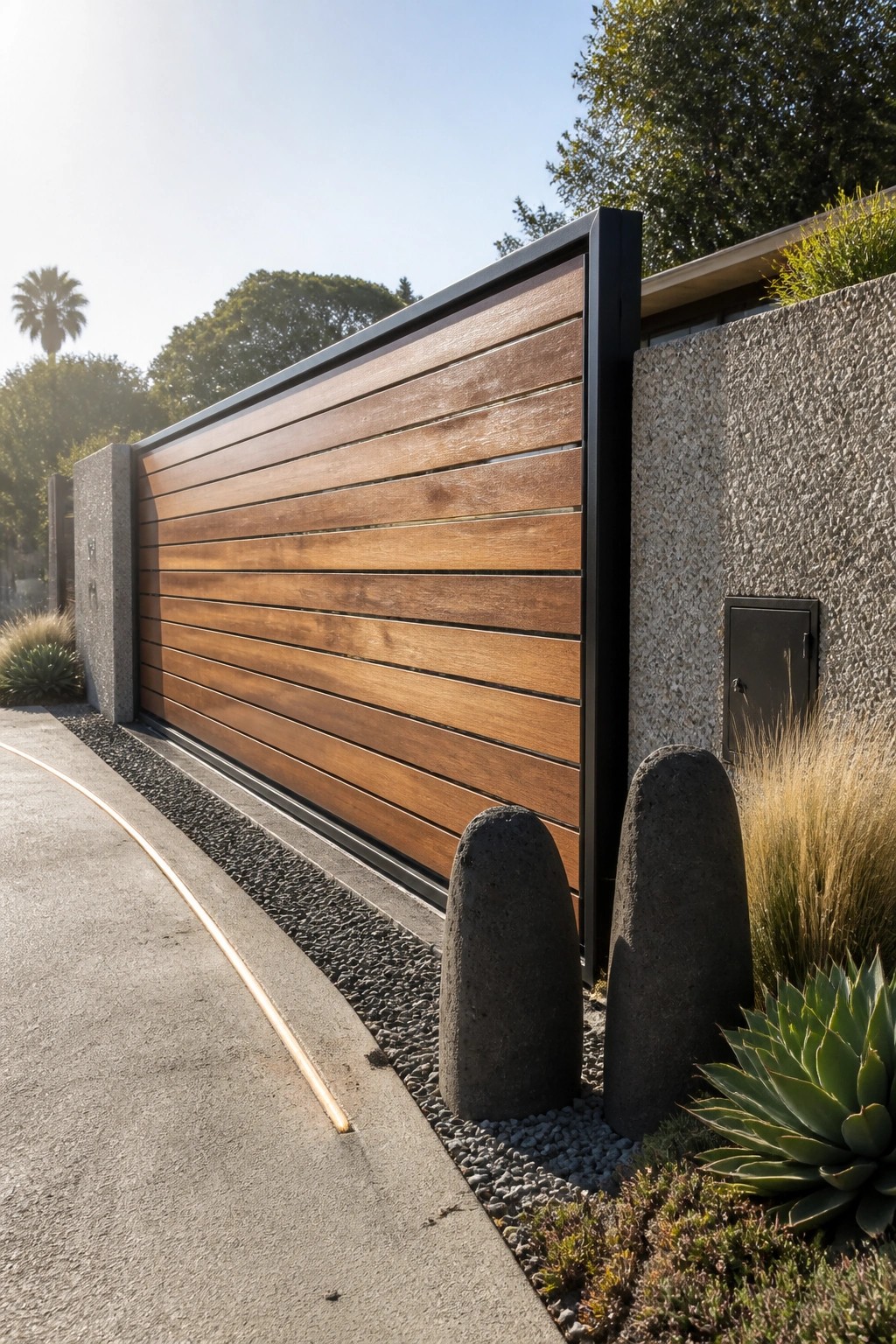 A wooden sliding gate with horizontal slats framed in black metal, set between concrete pillars along a concrete driveway.
