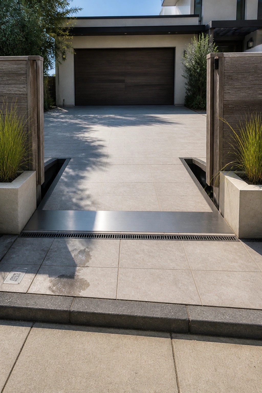 Modern driveway entrance with a long metal linear drain spanning the width between two wooden gate posts and concrete planters.