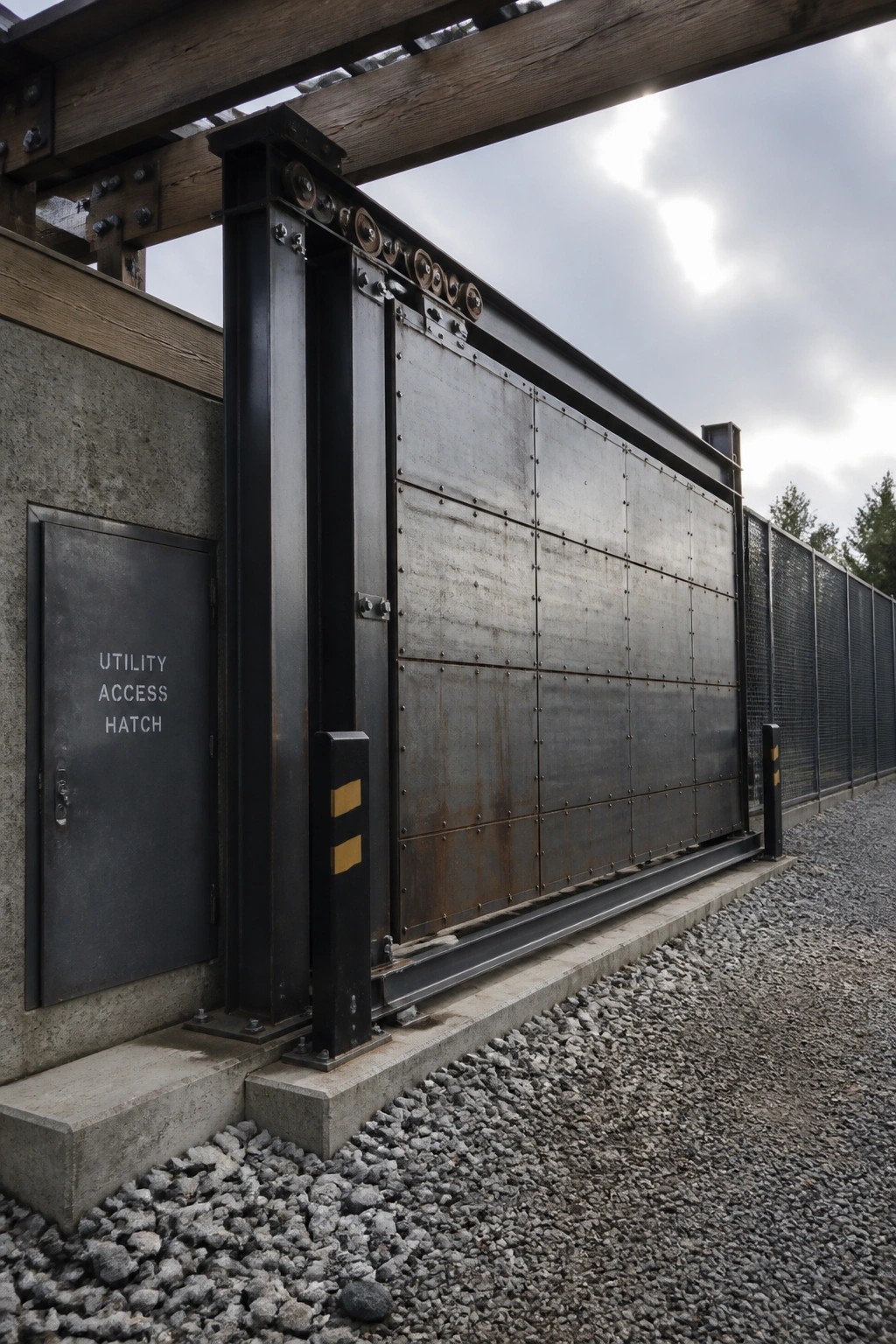 A large riveted metal sliding gate mounted on a track beside a concrete wall with a utility access hatch.