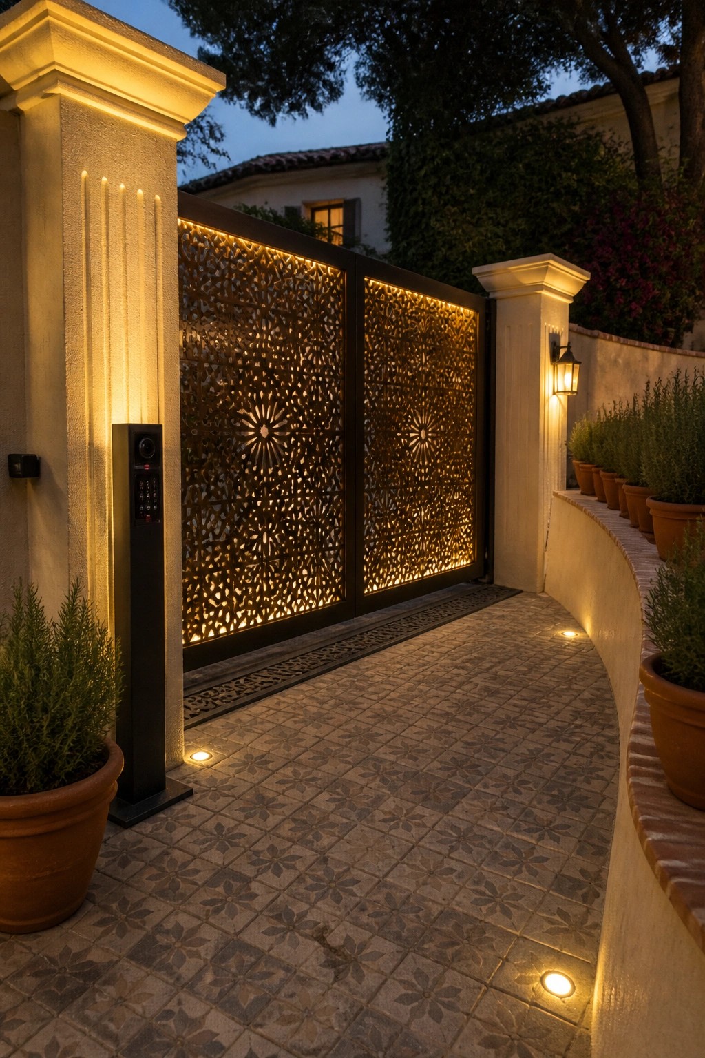 Illuminated ornate metal gate with stone pillars, potted plants, and tiled path at dusk