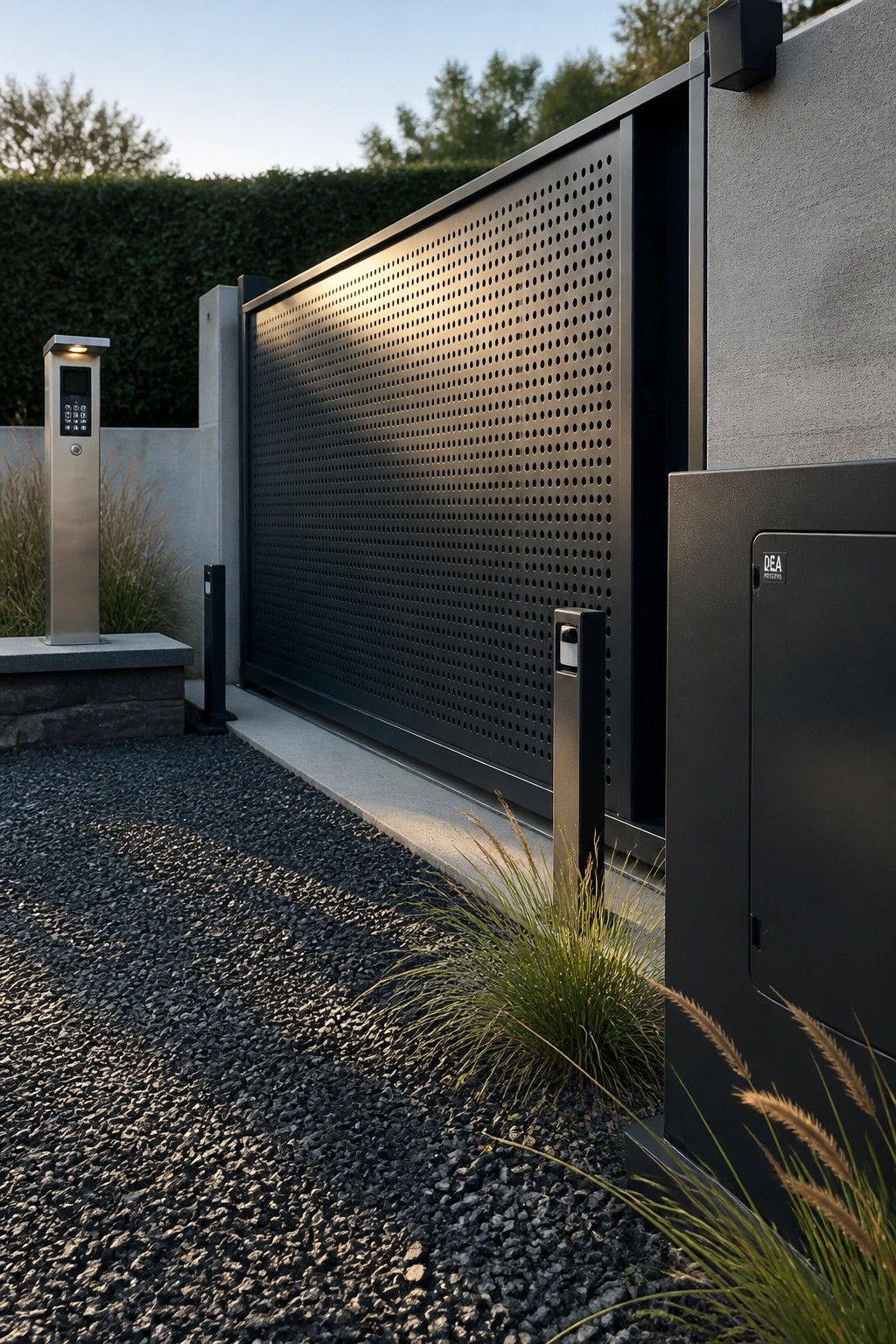 A black perforated metal sliding gate spans a gravel driveway beside a concrete wall, with an intercom pillar and control box visible.