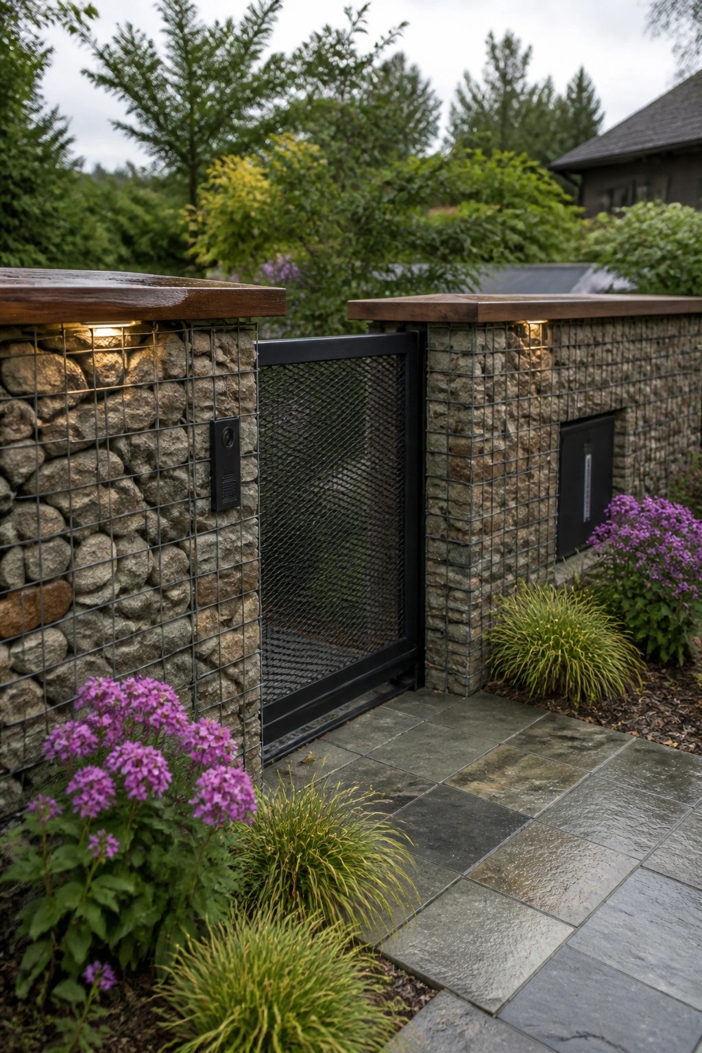 A black mesh sliding gate set between two gabion stone walls topped with wood, with purple flowers and stone paving in the foreground.
