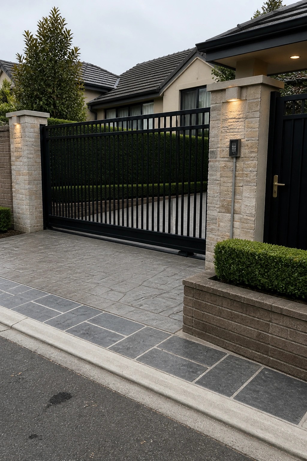 A black sliding metal gate between stone pillars at the entrance of a residential driveway.
