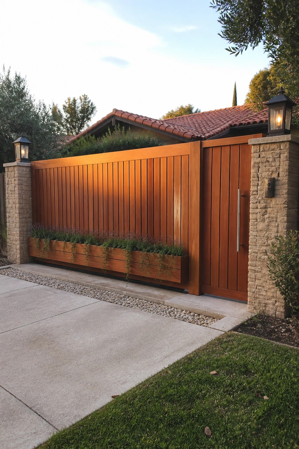 A wooden horizontal slat sliding gate with a long planter box at its base, flanked by stone pillars on a concrete driveway.
