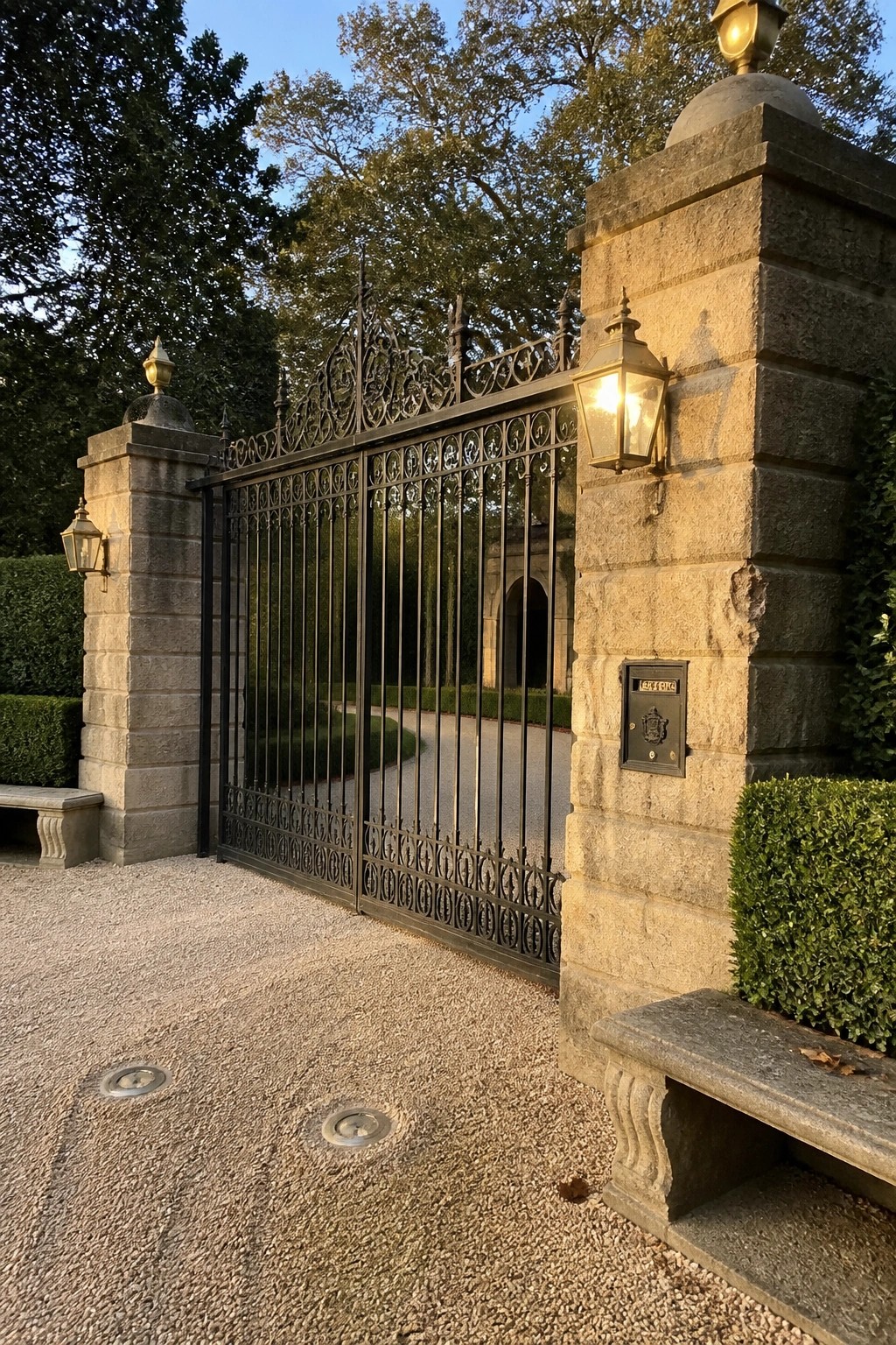 A black ornate metal sliding gate between two large stone pillars with lanterns, set on a gravel driveway lined with greenery.