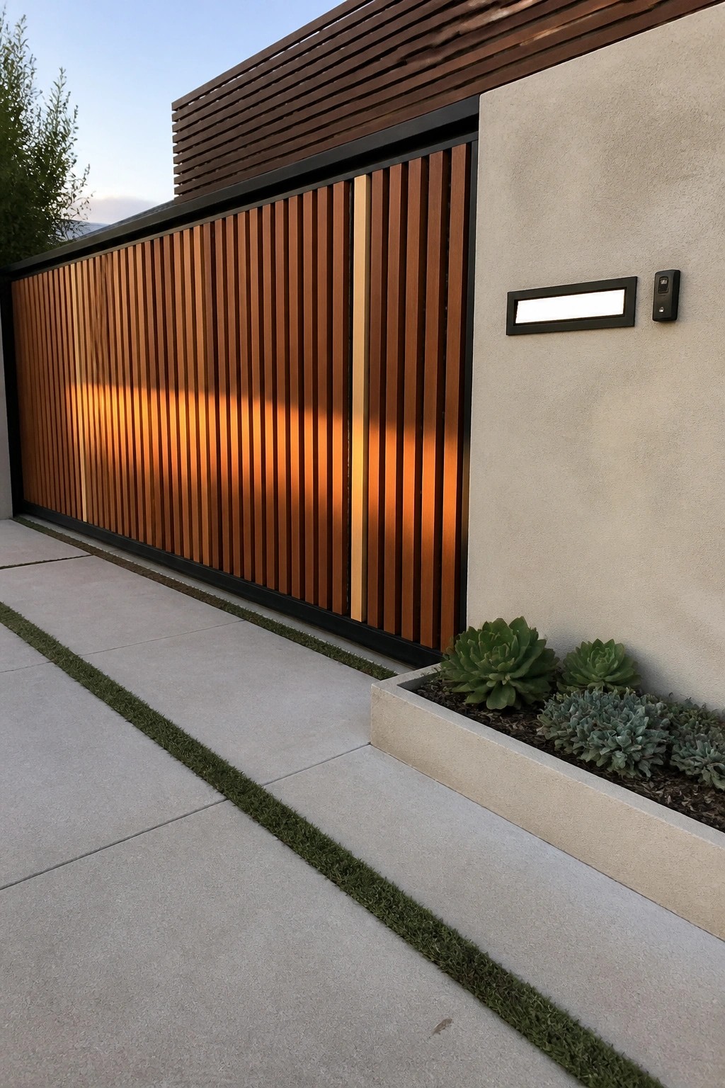 A modern sliding gate with vertical wooden slats and a black frame beside a concrete wall and a concrete planter with succulents.