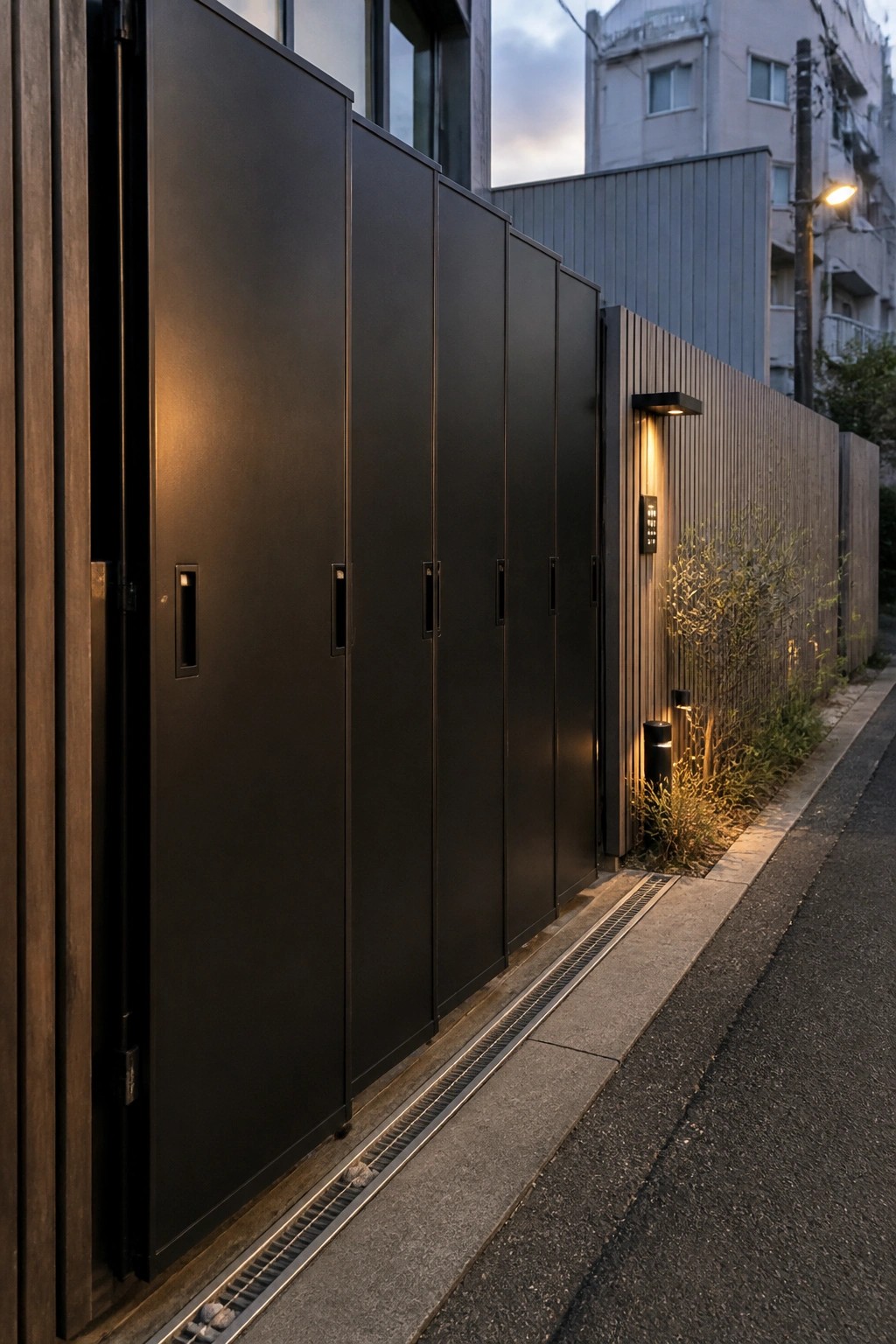 A long row of tall dark vertical sliding gate panels runs along a narrow residential driveway next to a wooden fence and low plants.
