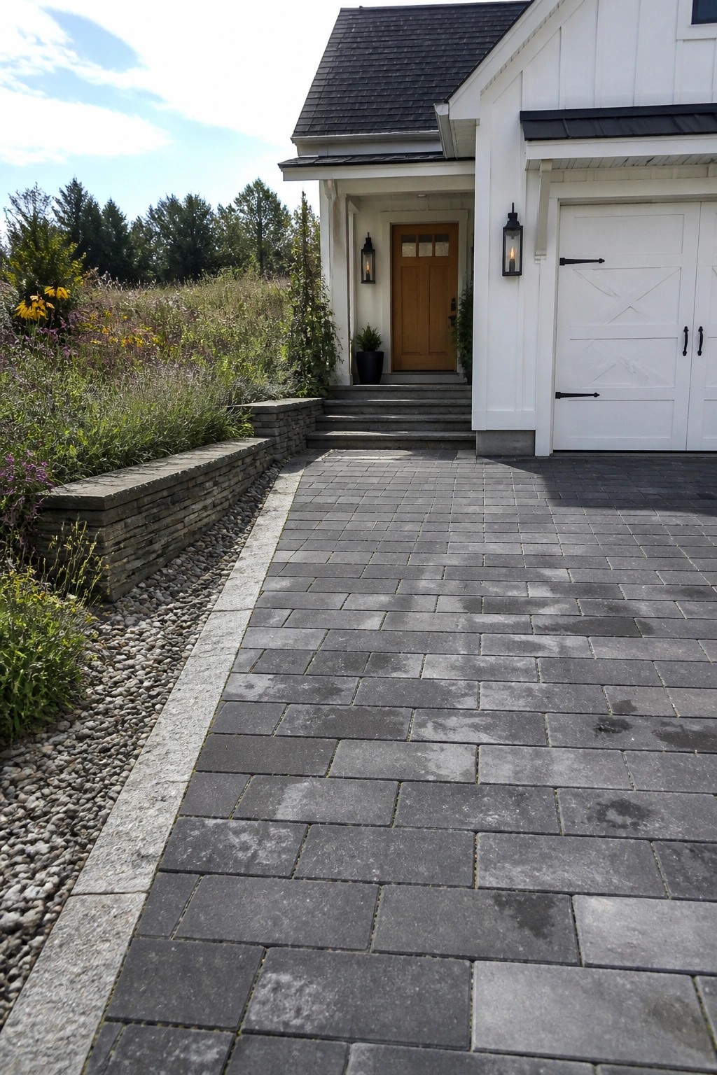 A wide driveway made of gray rectangular pavers leads up to a white house with a wooden front door and attached garage, bordered by stacked stone walls and gravel.