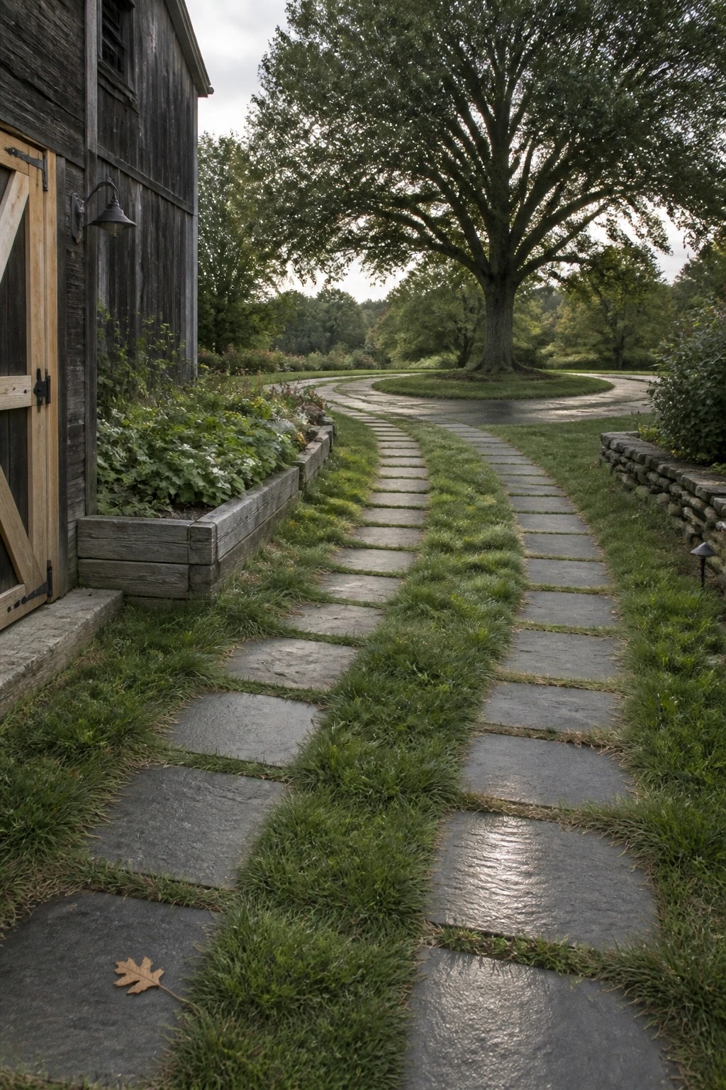 A stone path with strips of grass between the pavers runs beside a wooden building and leads toward a large tree in the distance.