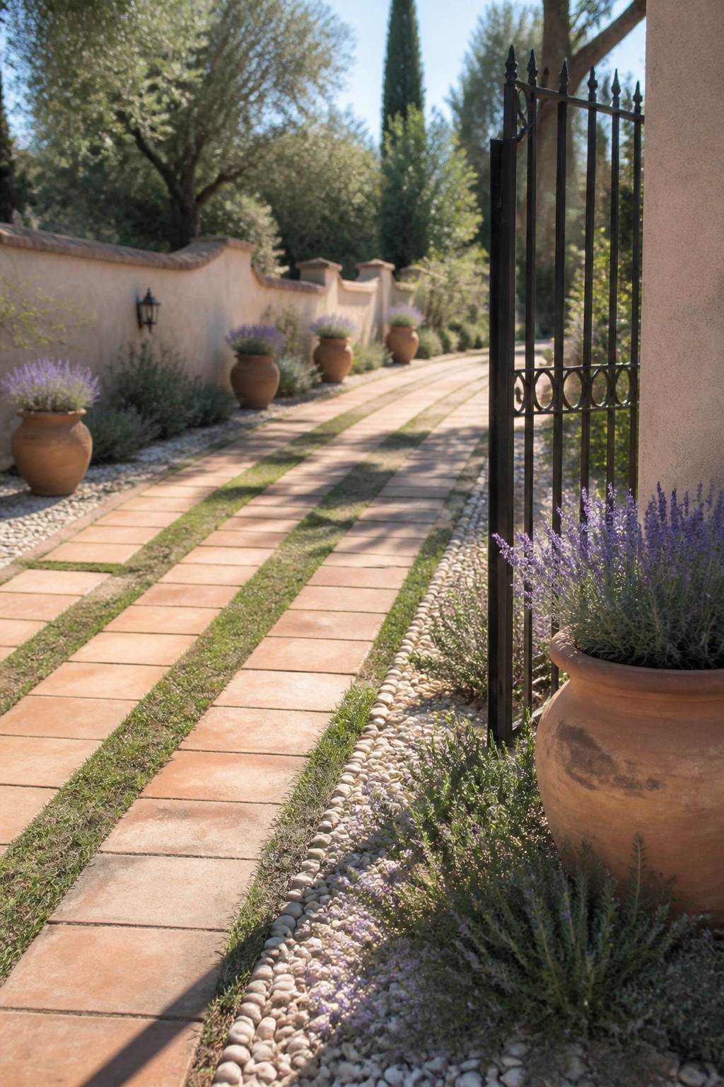 A long driveway path made of rectangular terracotta pavers with grass strips between them, bordered by gravel and large terracotta pots with lavender.