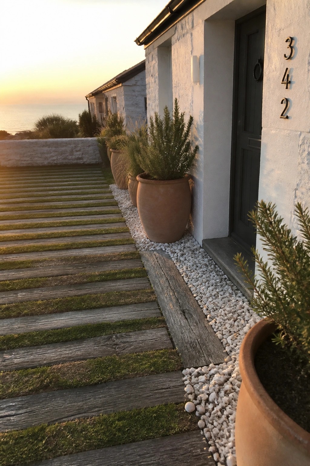 A wooden path of parallel planks with grass strips between them leads toward a white house entrance lined with terracotta pots.