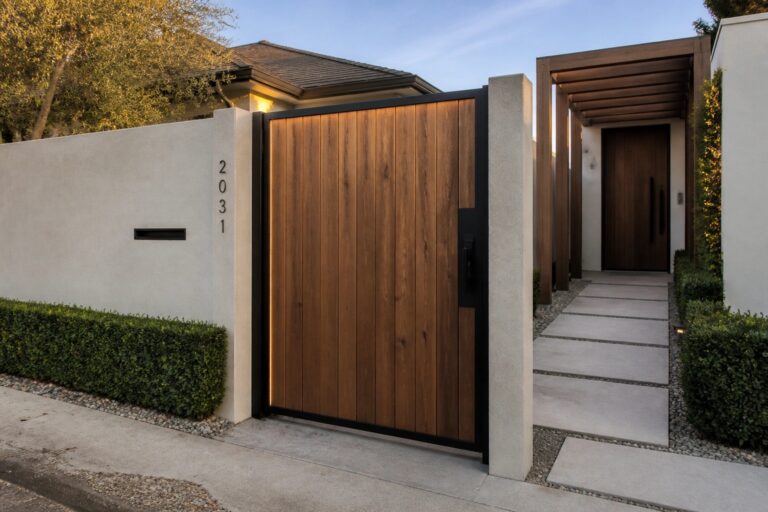 Wooden slatted gate with vertical lighting between concrete walls along stone path