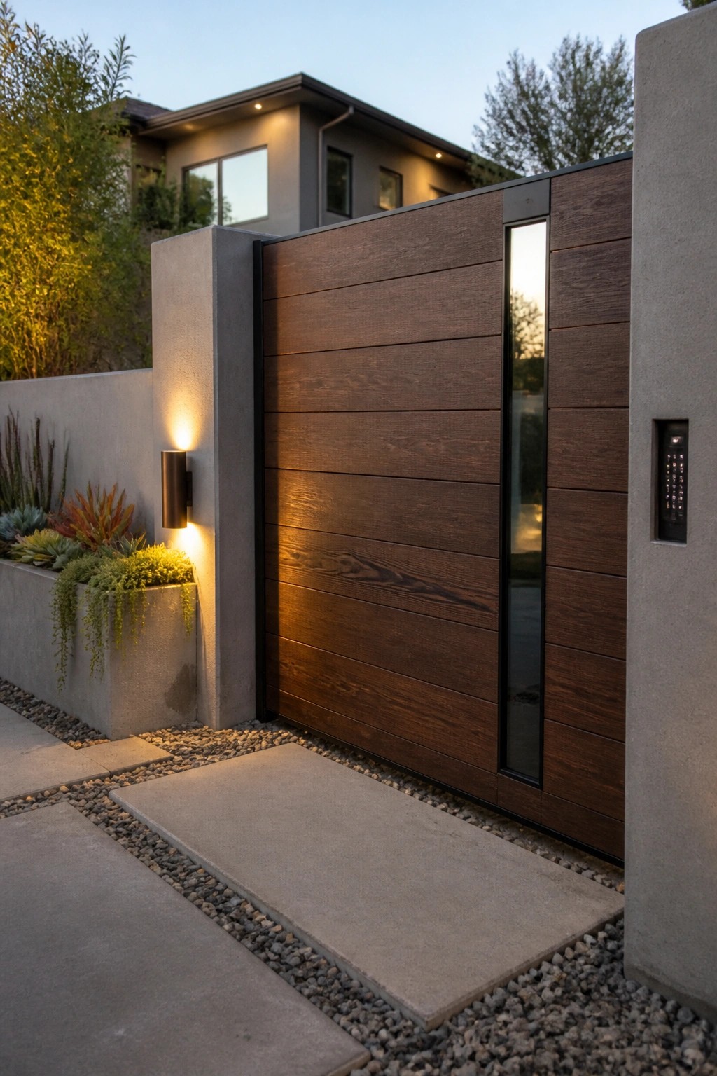 Modern dark wood gate with horizontal slats and a vertical glass panel set between concrete walls, with a paved path and gravel in the foreground.