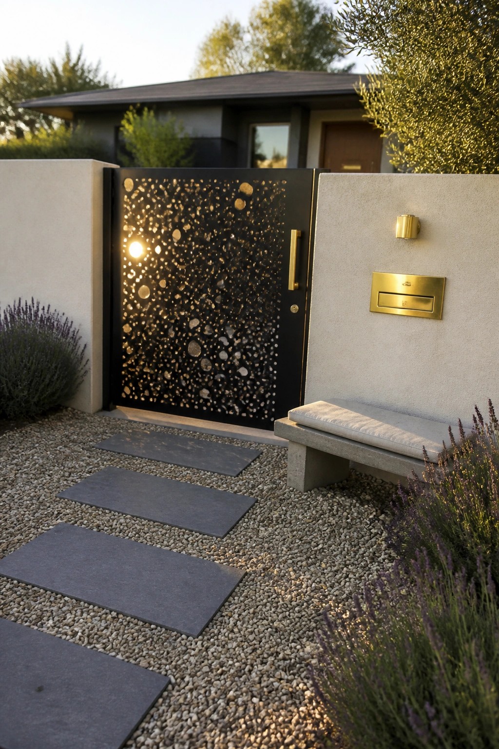 A black metal gate with scattered circular cutouts stands between concrete walls, with gray stepping stones on gravel leading toward a modern house.