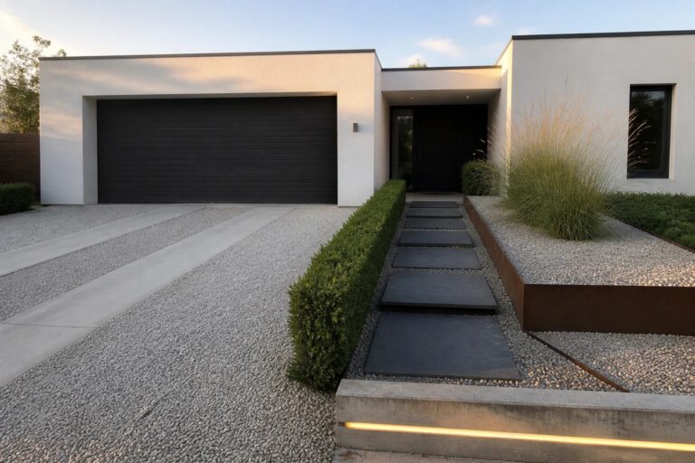 17 Sleek Modern Gravel Driveway Ideas With Clean Lines Modern house exterior with a gravel driveway featuring a long concrete strip on the left, dark rectangular stepping stones set into the gravel, and a concrete border with linear lighting leading toward the entrance.