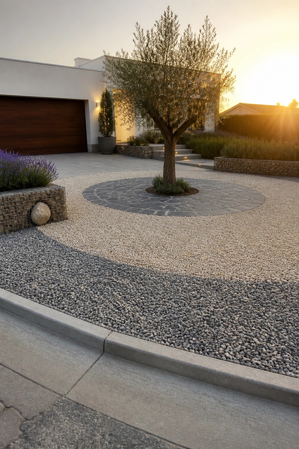 A modern house exterior with a large gravel driveway containing a circular stone paver area around a single tree.