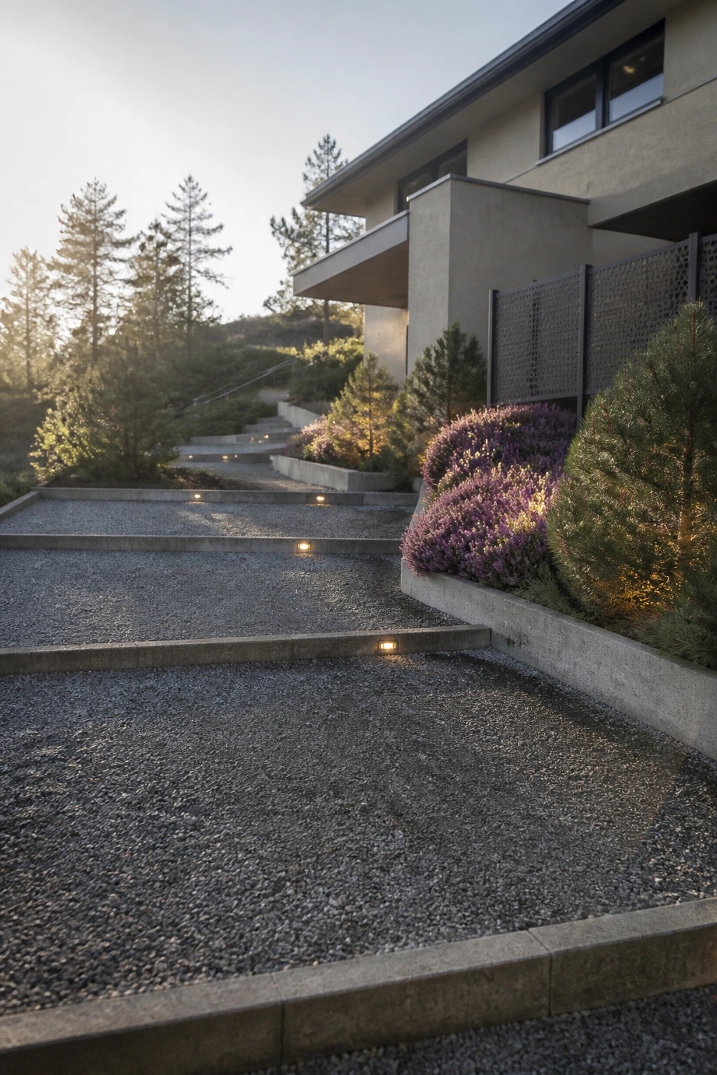 Modern hillside home with illuminated gravel driveway, steps, and purple shrubs at dusk.