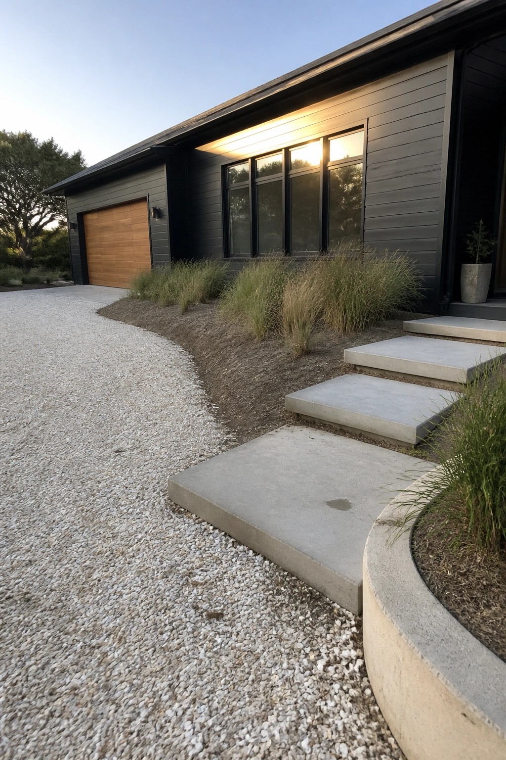 A modern dark house exterior with a gravel driveway curving alongside concrete steps leading to the front entrance.
