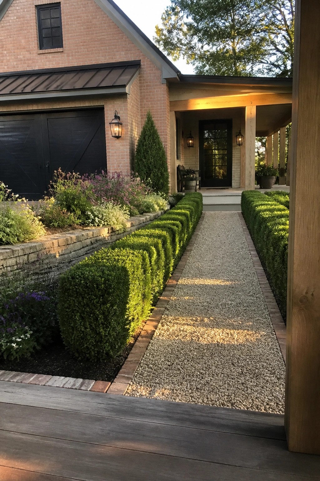 A gravel walkway lined with low green hedges and brick edging leads toward the entrance of a brick house with a wooden porch.