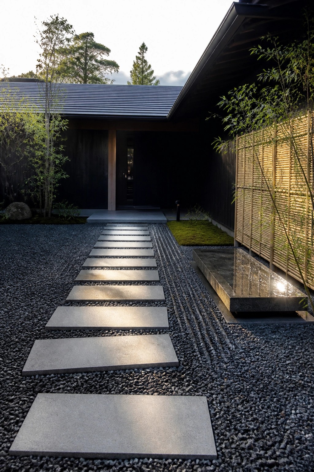 Stepping stone path through gravel leads to dark wooden house with water feature.