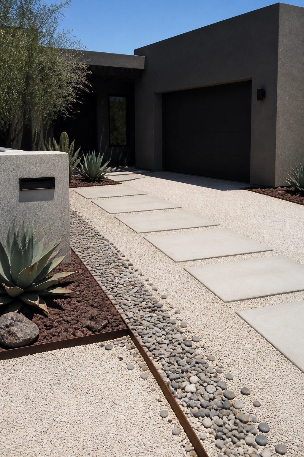 Modern house exterior with gravel driveway, large rectangular concrete pavers set in gravel, metal edging, agave plants, and black garage door.