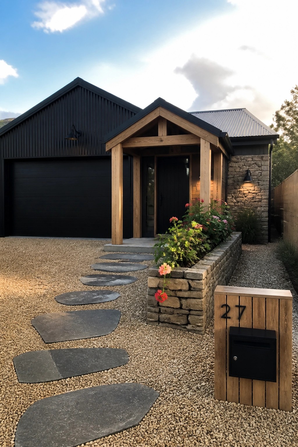 Modern house exterior with black siding, gravel driveway, irregular dark stepping stones forming a path to the entrance, stone planter with flowers, and wooden mailbox post showing the number 27.