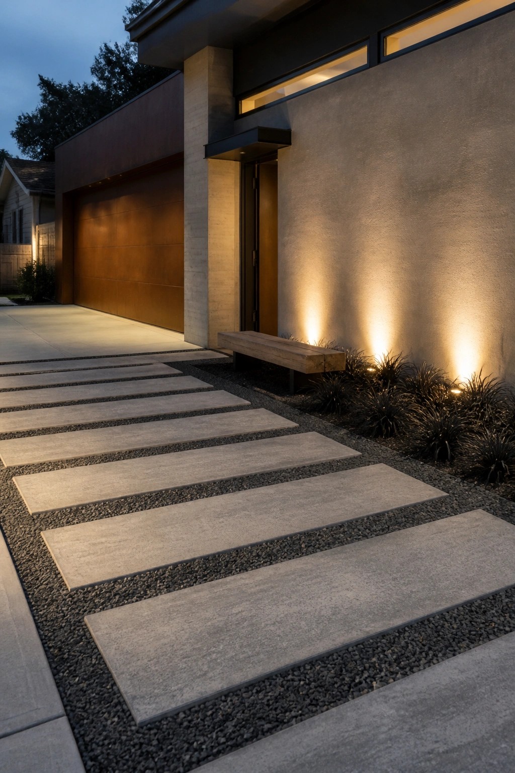 Modern house exterior showing a gravel path with large rectangular concrete pavers, a wooden bench against a stucco wall, and ground lighting.