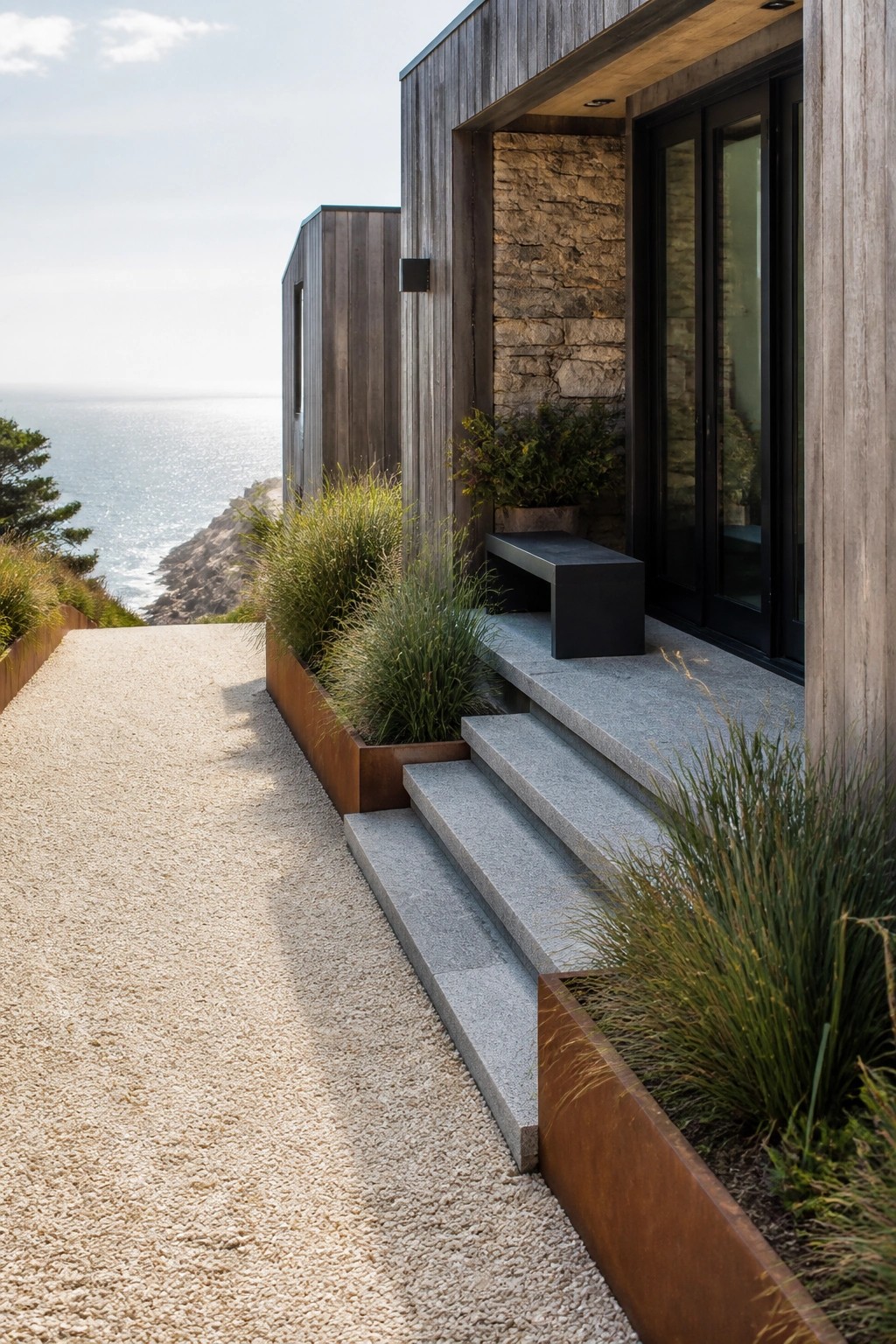 A gravel path beside a modern wood and stone house leads to concrete steps with rusted metal planters holding grasses.