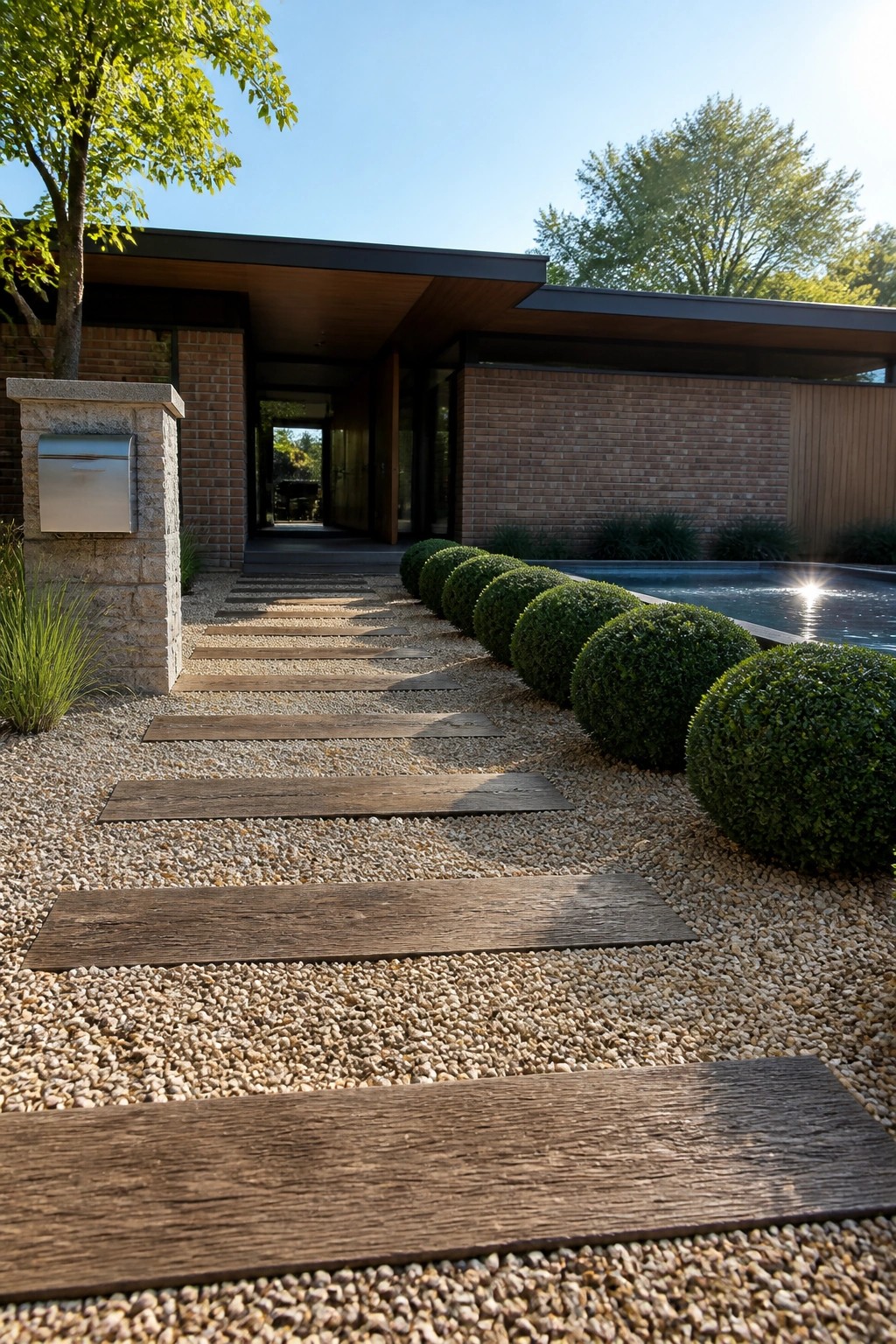 A modern brick house with a gravel path of spaced wooden planks leading to the front door, lined on one side by round shrubs and a pool.
