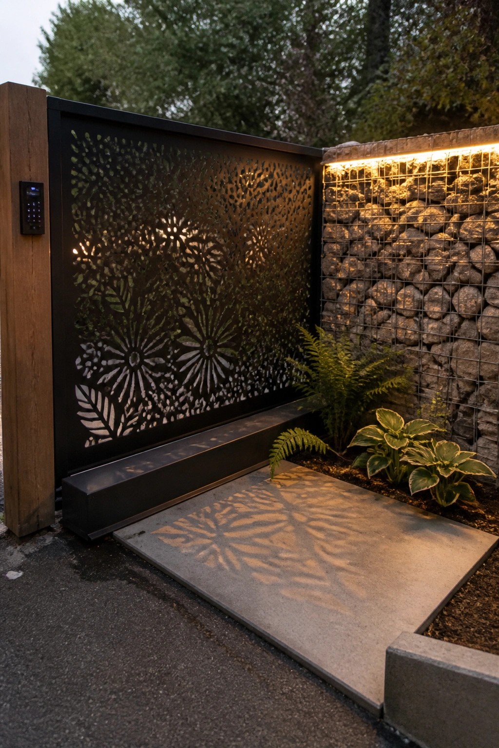 Illuminated black metal panel with floral cutouts beside glowing gabion wall and plants.