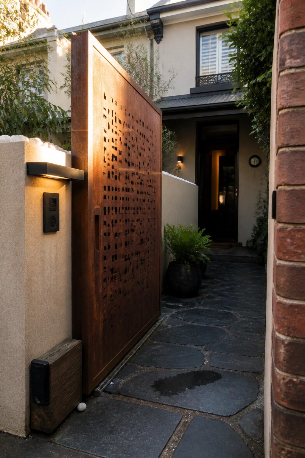 A rusted metal sliding gate with a geometric cut-out pattern stands partially open beside a stone path leading to a house entrance.