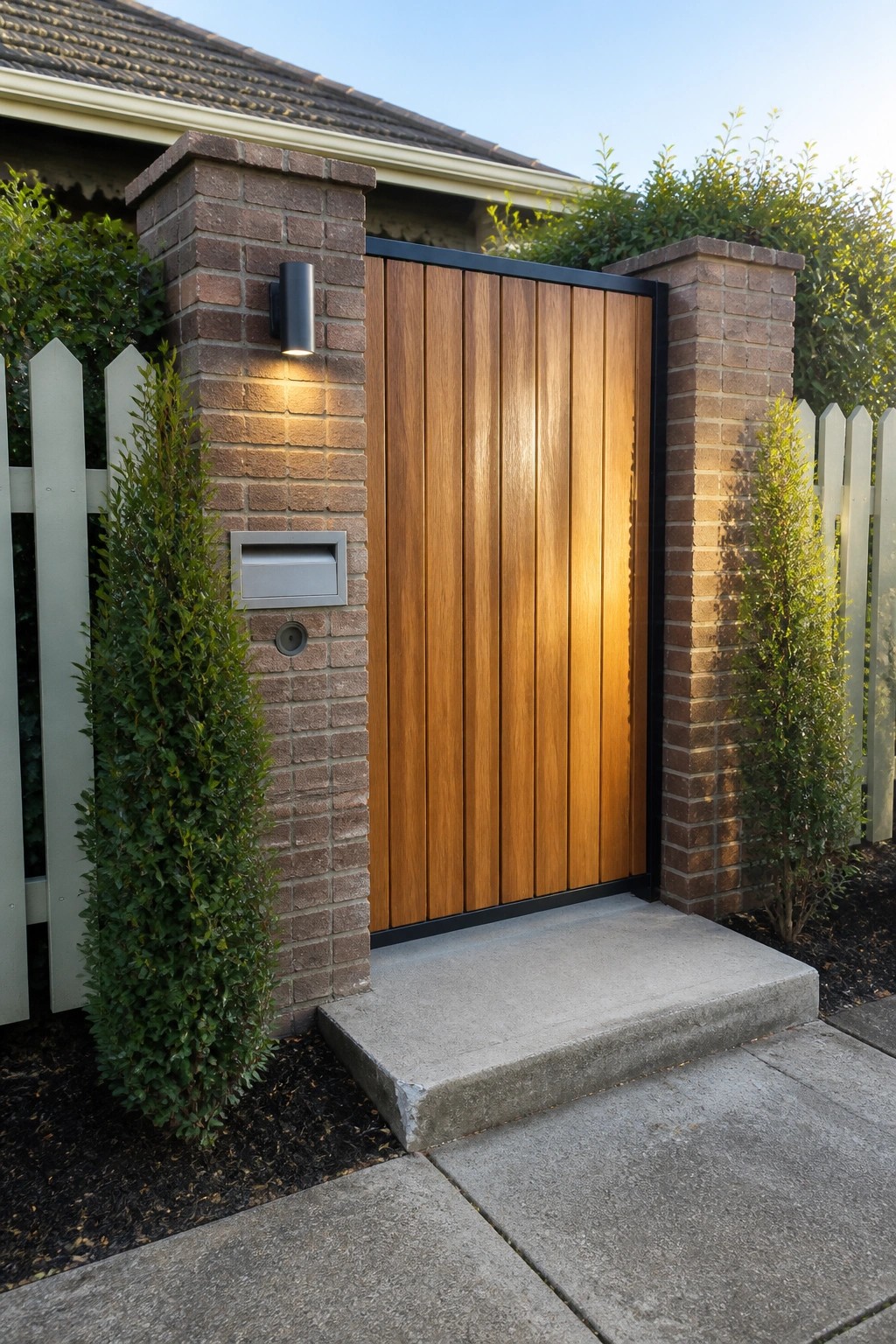 Modern wooden gate between brick pillars with light, mailbox, and flanking shrubs