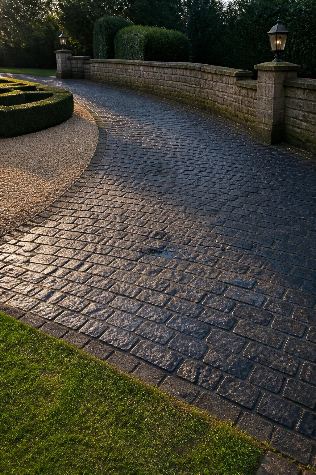 A curved cobblestone driveway runs alongside a low stone wall with two lanterns, bordered by grass on the left.