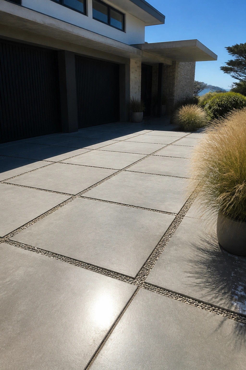 Modern driveway paved with large square concrete slabs separated by narrow bands of small pebbles, leading to a house with dark garage doors.