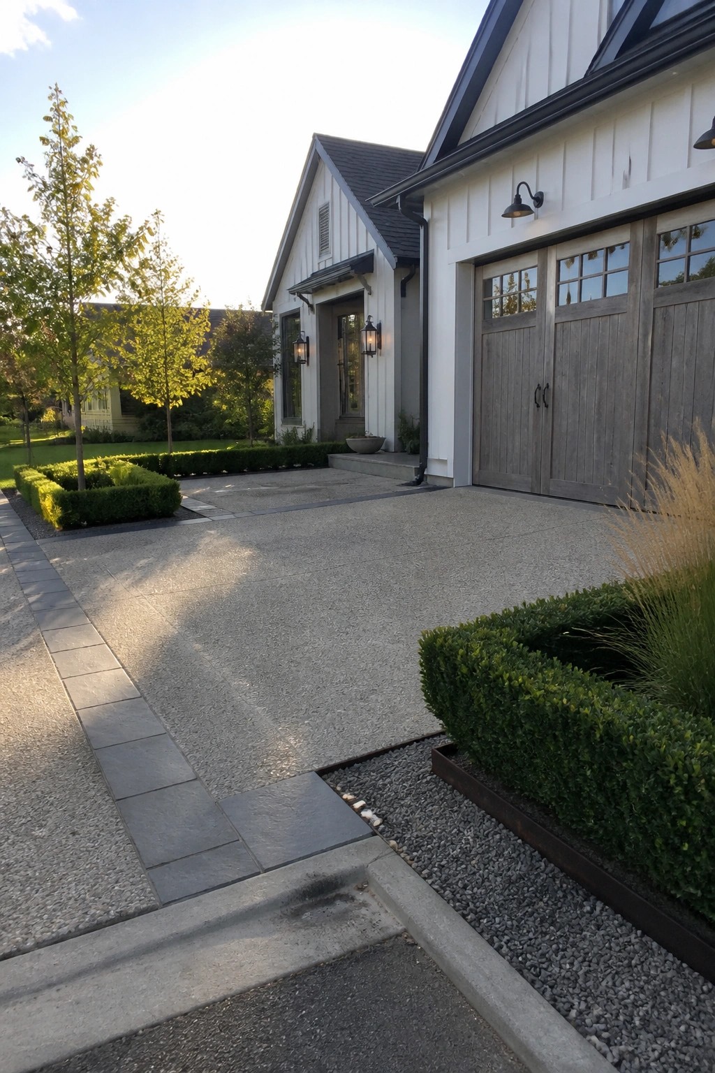 A modern house with a wide exposed aggregate concrete driveway bordered by stone pavers on the left and gravel landscaping beds with metal edging on the right.