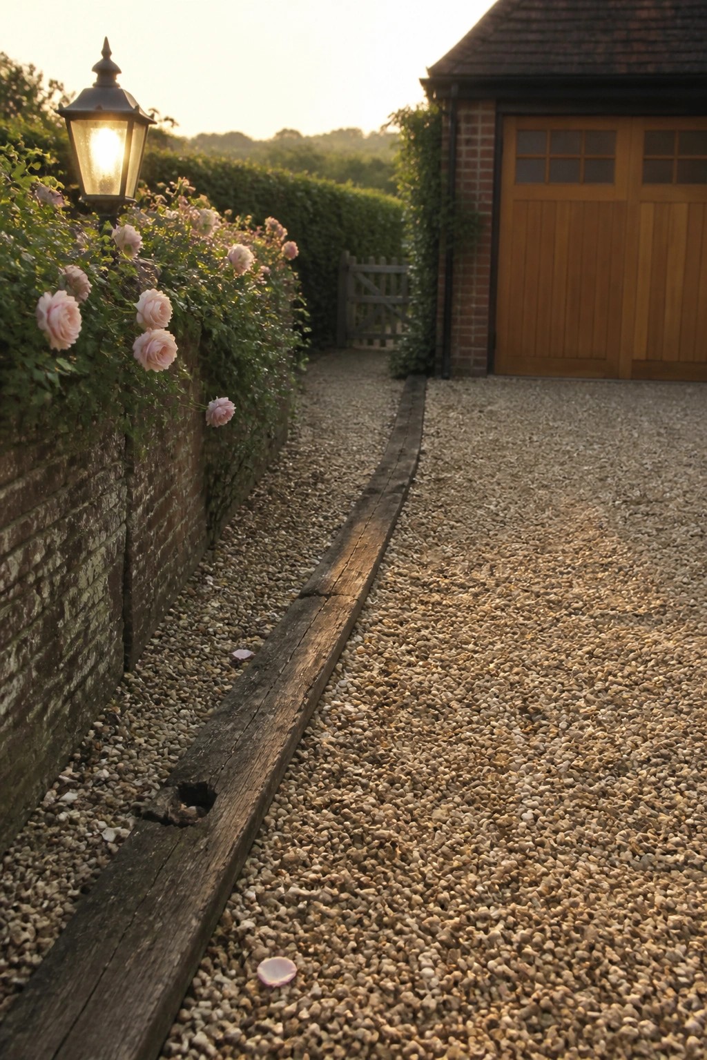 A gravel driveway runs alongside a low brick wall topped with pink roses and a lit lantern, bordered by a wooden beam with a wooden garage visible in the background.
