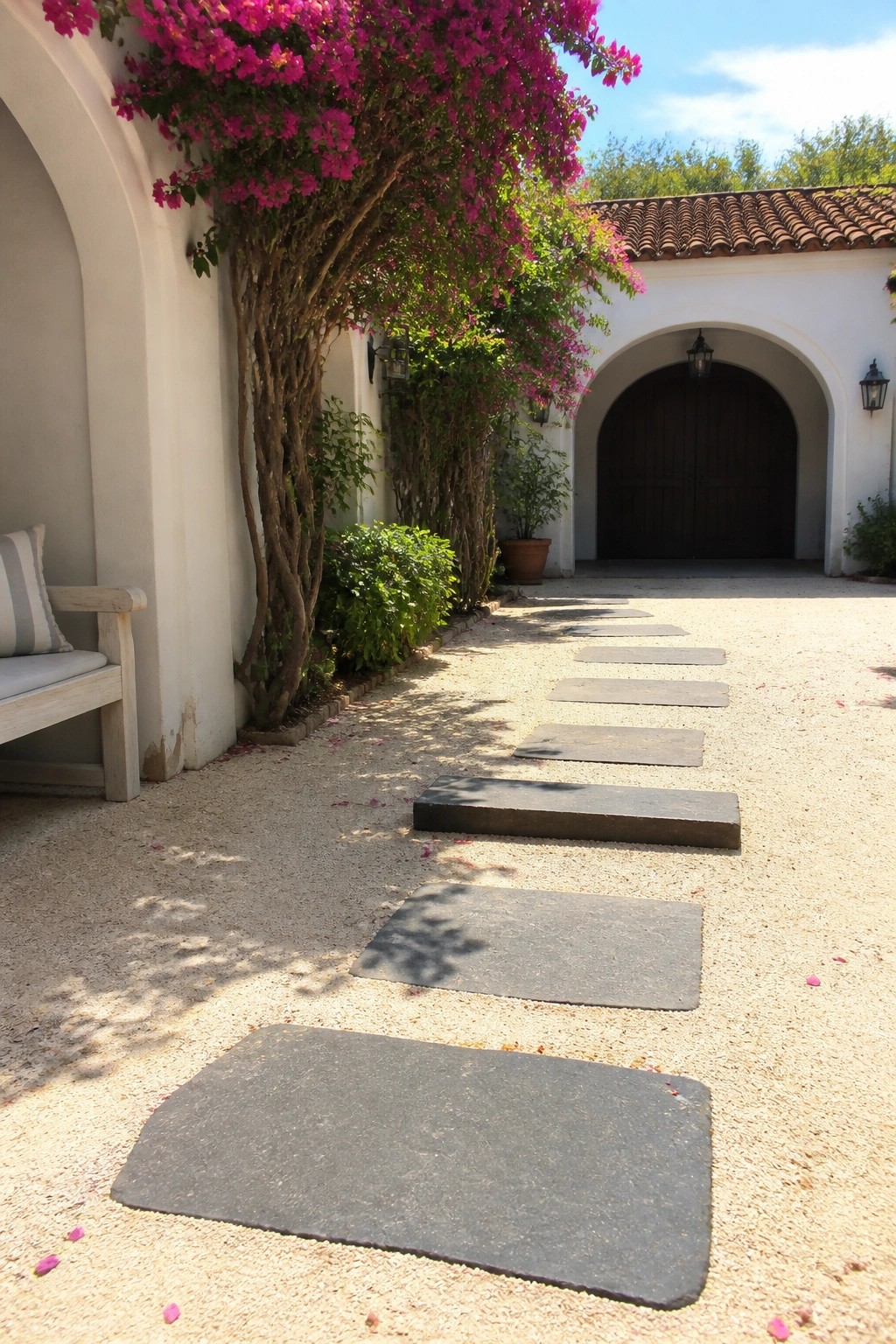 A gravel surface with large dark stone pavers forming a path toward a white stucco building with an arched wooden door, bordered by flowering shrubs.
