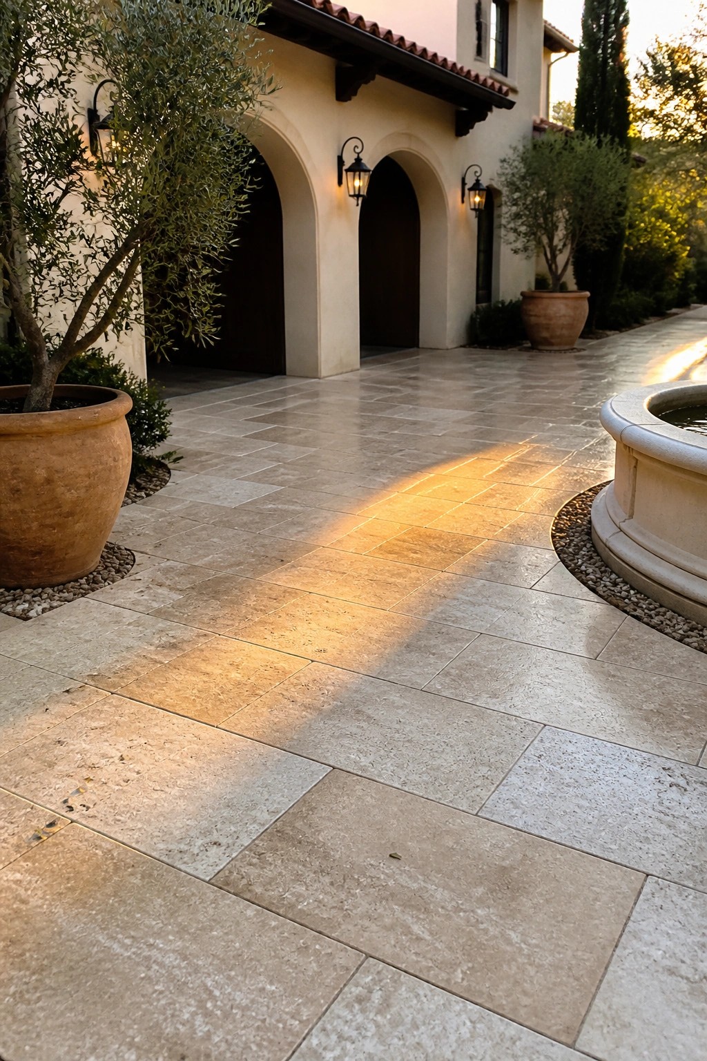 A driveway paved with large light stone tiles leads toward a stucco house with dark arched doors, flanked by terracotta pots and a round stone fountain.