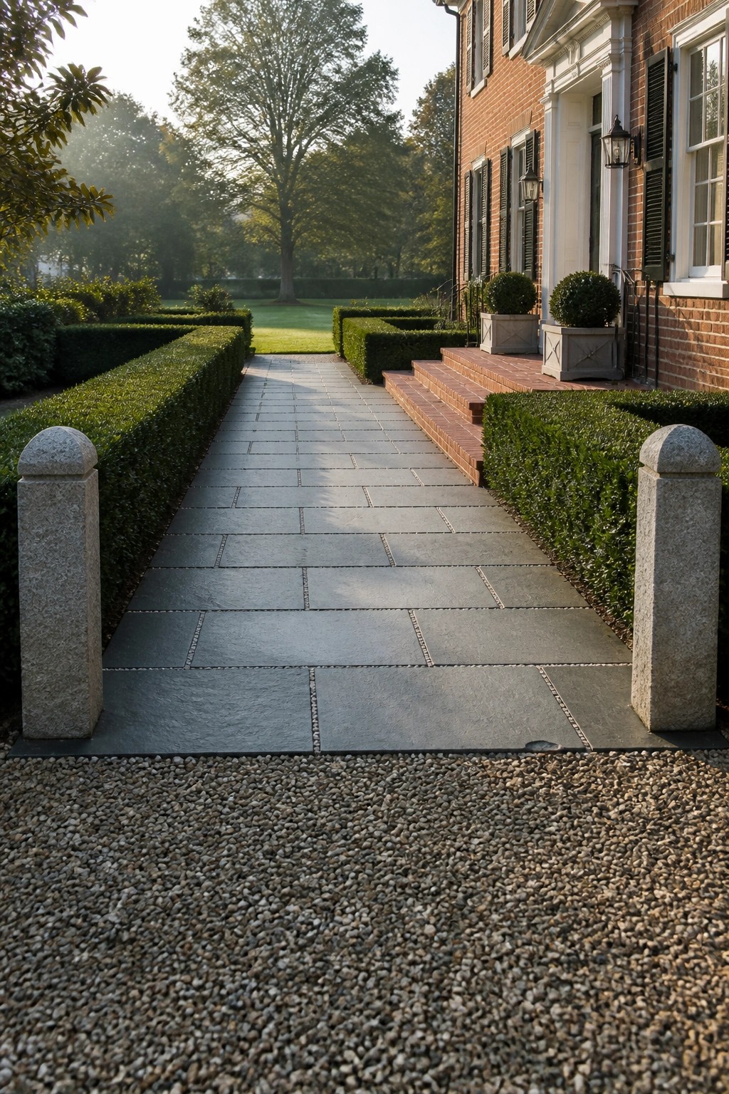 A straight pathway of large rectangular gray stone pavers runs between trimmed hedges and stone posts toward a brick house, with gravel visible in the foreground.