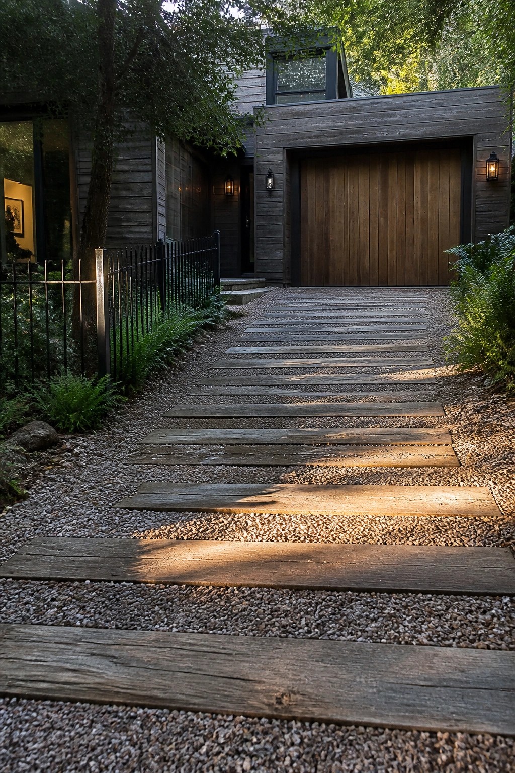A gravel path with wide wooden planks forming steps that lead up to a modern house with a wooden garage door.