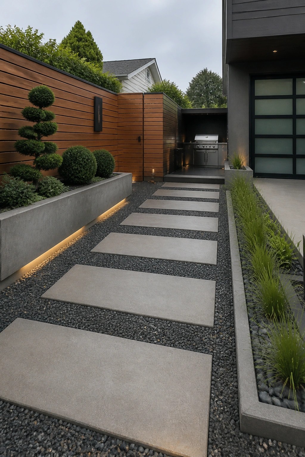 Modern stone paver path on gravel leads to outdoor kitchen grill area.