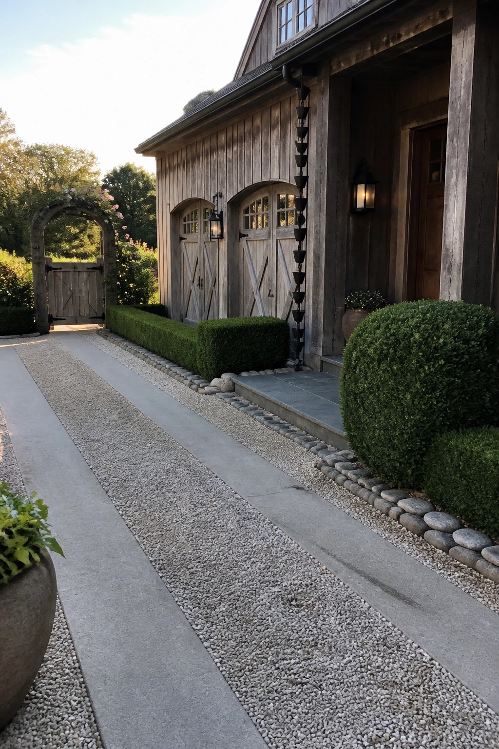 A gravel driveway with two parallel concrete strips runs alongside a weathered wood house, bordered by pebble edging and trimmed hedges.