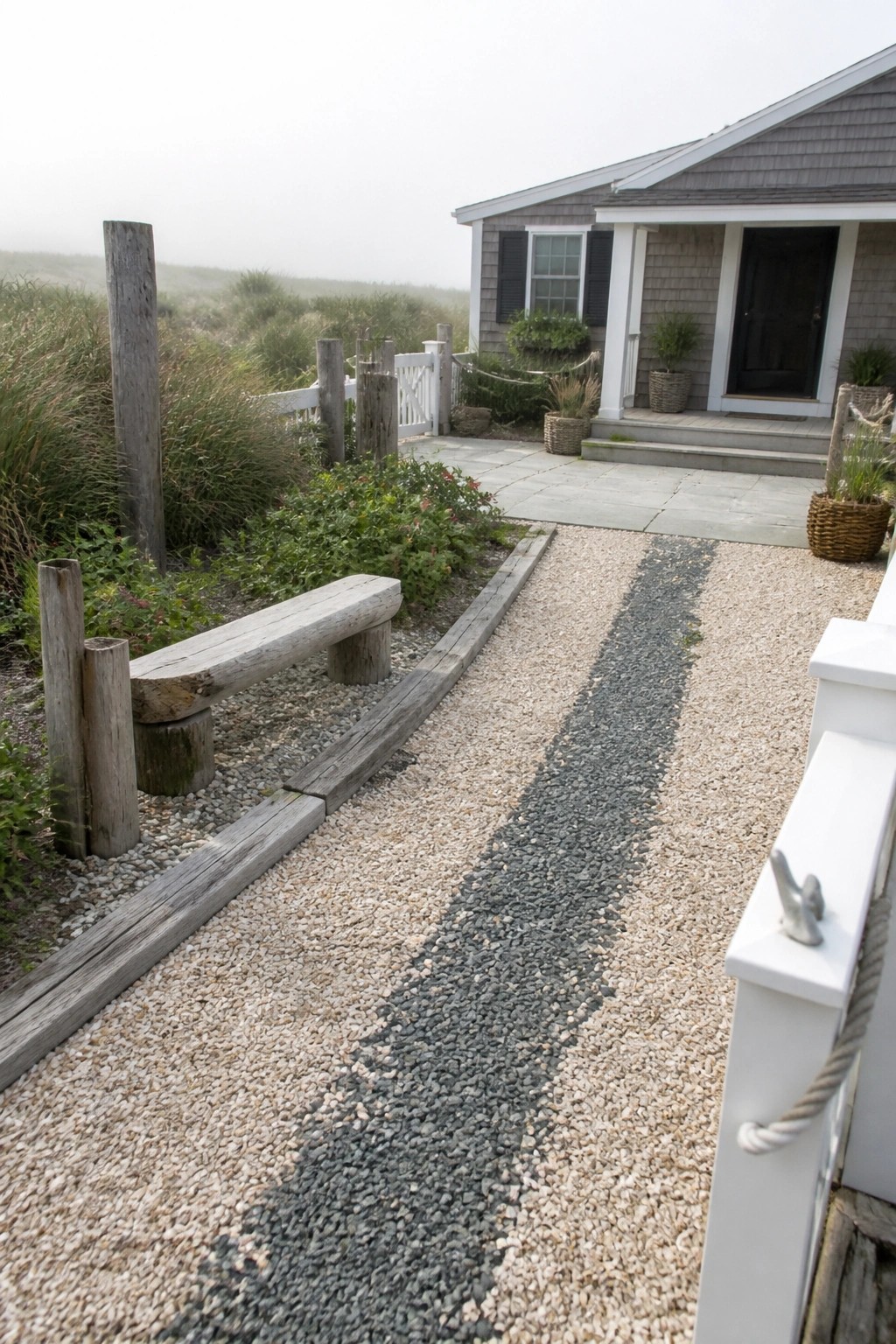 A gravel driveway with a central darker gravel strip bordered by wood edging leads toward a gray shingled house with a stone patio.