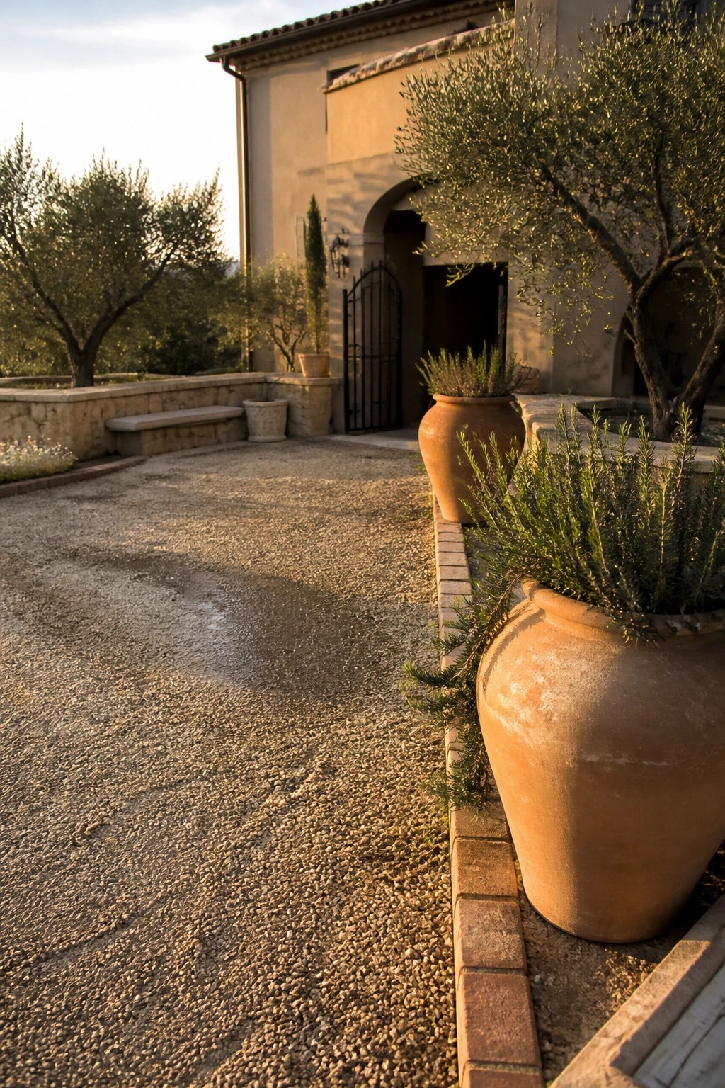 Terracotta pots with olive trees line a gravel path to a stone villa.