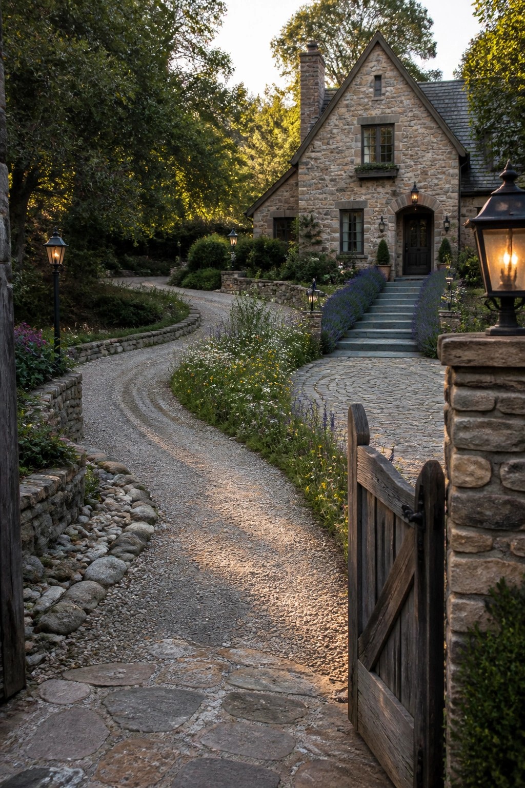 A gravel driveway curves past low stone walls and wildflowers toward a stone house with blue-gray steps and a wooden gate in the foreground.