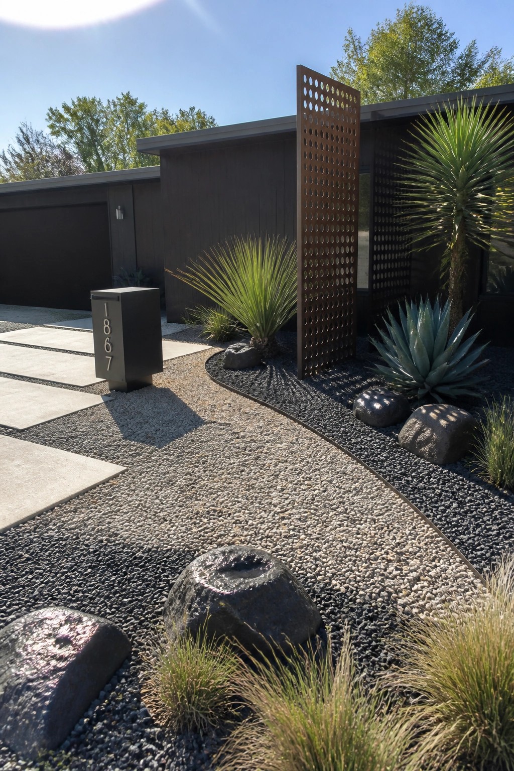 Modern house front with gravel driveway, curved black edging, large rocks, and drought-tolerant plants including yuccas and agaves beside a perforated metal screen.